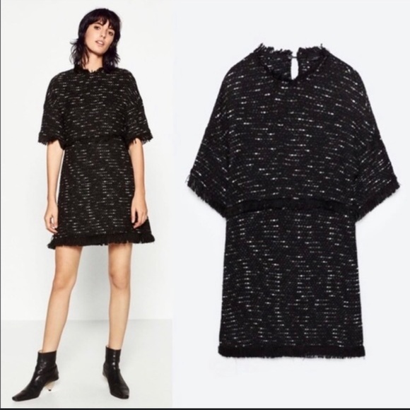 Blogger Classic!! ZARA BNWT Tweed Fringe Hem Midi Dress - Picture 1 of 8